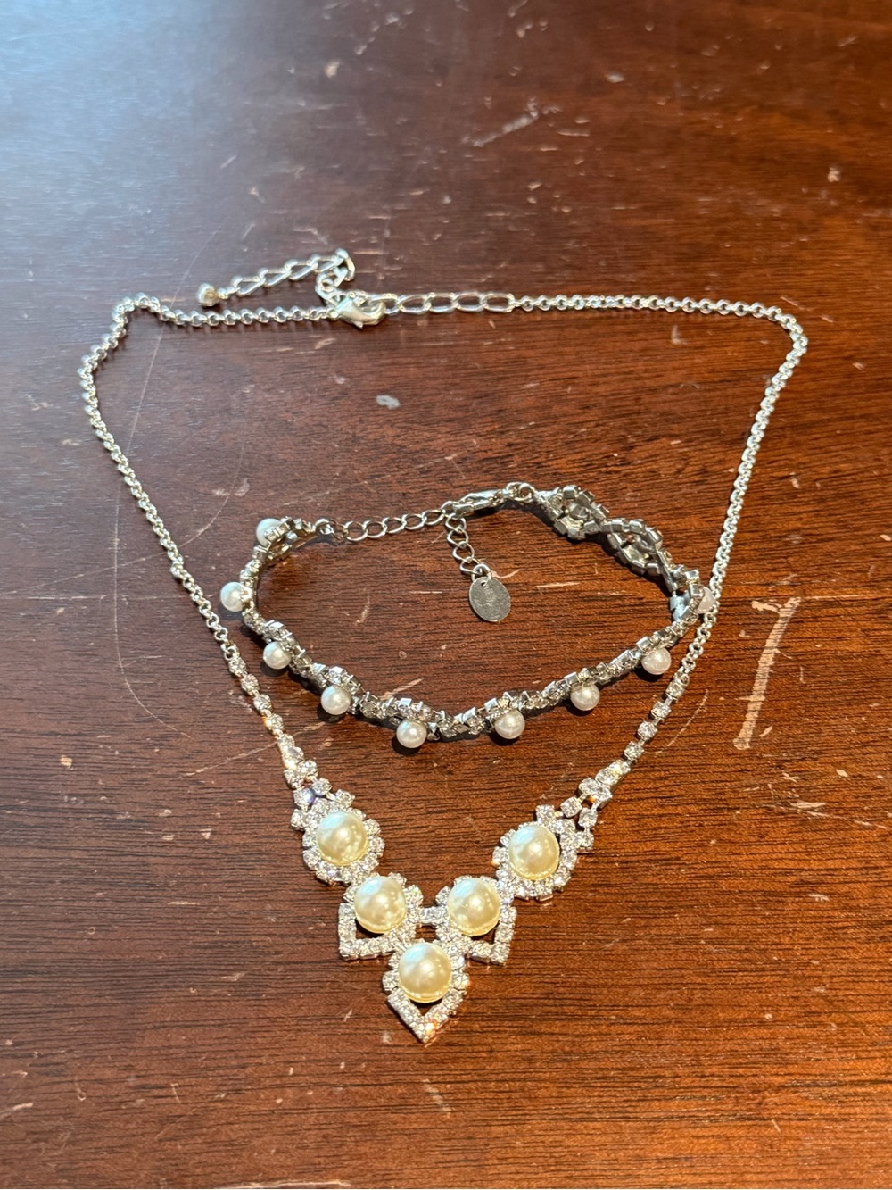 ICING Silver Tone Rhinestone & Faux Pearl Statement Necklace & Bracelet Set